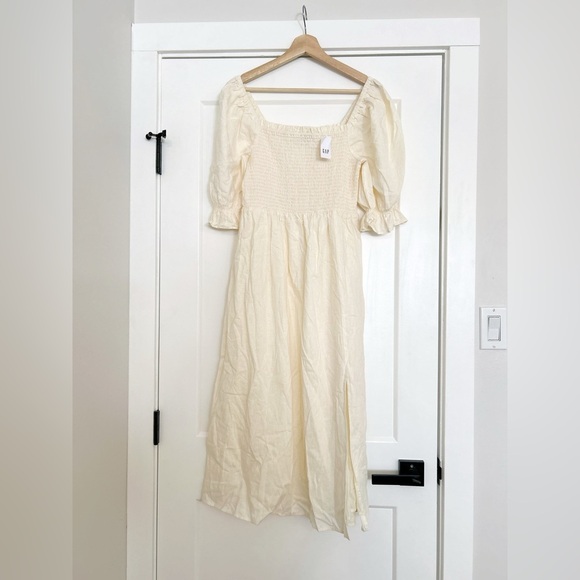 GAP Linen-Blend Puff Sleeve Square Neck Cream Midi Dress - Picture 5 of 9